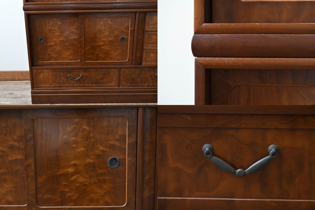 中古　美品　高級品　江戸指物　内部桐材　御蔵桑材(島桑)の美しい杢目が目を惹く重ね茶箪笥(茶棚、違い棚、収納棚、引き出し、戸棚)(定価約70万円)(R-059906)