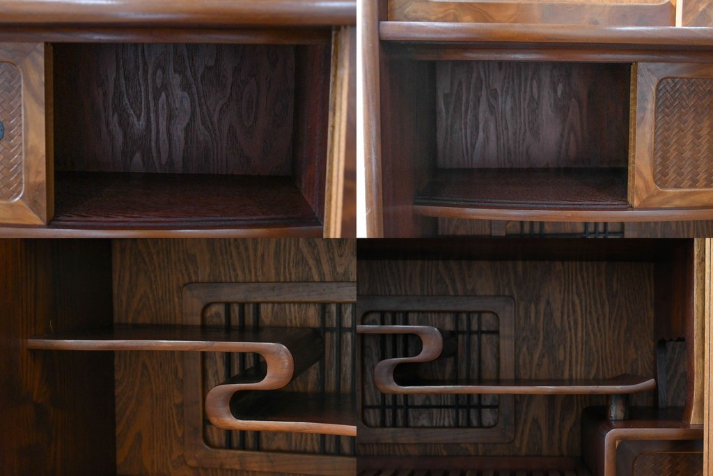 中古　美品　高級品　江戸指物　内部桐材　御蔵桑材(島桑)の美しい杢目が目を惹く重ね茶箪笥(茶棚、違い棚、収納棚、引き出し、戸棚)(定価約70万円)(R-059906)