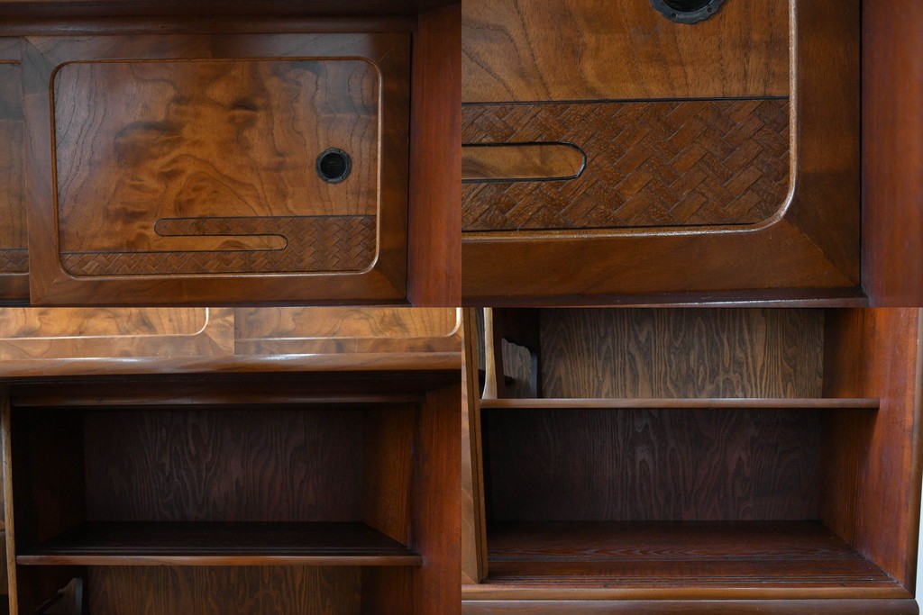 中古　美品　高級品　江戸指物　内部桐材　御蔵桑材(島桑)の美しい杢目が目を惹く重ね茶箪笥(茶棚、違い棚、収納棚、引き出し、戸棚)(定価約70万円)(R-059906)