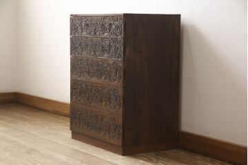 和製ビンテージ　手彫り　小箱のおまけ付き!!　草花のデザインが目を惹く小振りな彫刻入りチェスト(ヴィンテージ、小引き出し、引き出し)(R-059919)