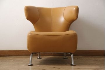 中古　美品　IDC大塚家具　Domicil(ドミシール)　ユニークなデザインが空間のアクセントになるレザーソファ(本革、一人掛けソファ、1P、1人掛け)(定価約16万円)(R-059930)