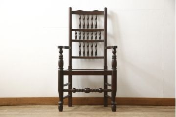 中古　超美品　松本民芸家具　#21型　特注品　背もたれの挽き物加工が美しいスピンドルアームチェア(椅子、イス、ダイニングチェア、板座チェア)(R-059931)