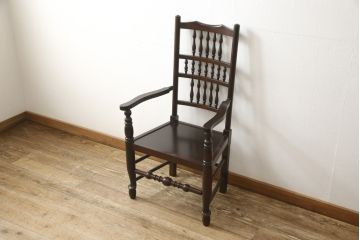 中古　超美品　松本民芸家具　#21型　特注品　背もたれの挽き物加工が美しいスピンドルアームチェア(椅子、イス、ダイニングチェア、板座チェア)(R-059931)
