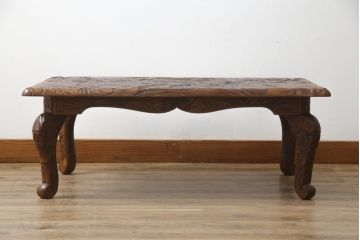 中古　伝統工芸　日光彫り　あふれるような草花の彫りが華やかな座卓(サイドテーブル、センターテーブル、花台)(R-059961)