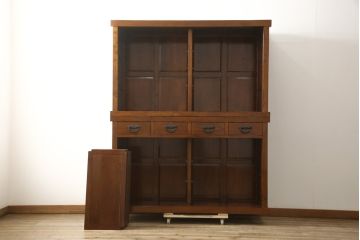 中古　美品　総欅(ケヤキ)材　和モダンな雰囲気を醸し出す二段重ね水屋箪笥(キャビネット、食器棚、戸棚、収納棚、重ね戸棚)(R-059968)