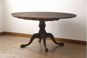 中古　美品　イギリス高級家具　MAITLAND SMITH(メートランドスミス)　天板の杢目と脚先まで凝ったつくりが目を引くダイニングテーブル(エクステンションテーブル、ラウンドテーブル、4人掛け、6人掛け)(定価約100万円)(R-060034)