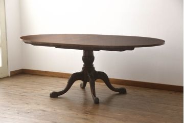 中古　美品　イギリス高級家具　MAITLAND SMITH(メートランドスミス)　天板の杢目と脚先まで凝ったつくりが目を引くダイニングテーブル(エクステンションテーブル、ラウンドテーブル、4人掛け、6人掛け)(定価約100万円)(R-060034)