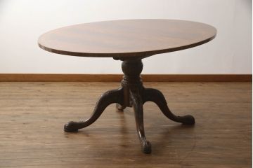中古　美品　イギリス高級家具　MAITLAND SMITH(メートランドスミス)　天板の杢目と脚先まで凝ったつくりが目を引くダイニングテーブル(エクステンションテーブル、ラウンドテーブル、4人掛け、6人掛け)(定価約100万円)(R-060034)