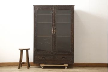中古　美品　伝統工芸　軽井沢彫り　和モダンな雰囲気漂う本箱(収納棚、戸棚、ブックケース、書棚、飾り棚、キャビネット)(R-060035)