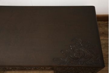和製ビンテージ　細部まで施された日光彫りが美しい文机(ヴィンテージ、在宅用ローテーブル、座机、ワークデスク、座卓)(R-060067)