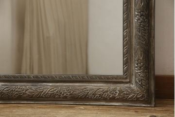 和製ビンテージ　植物をモチーフにした彫刻が魅力の木製ウォールミラー(壁掛け、鏡、ヴィンテージ)(R-060095)