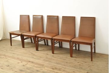 デンマークビンテージ　Dyrlund(デューロン)　ローズウッド　本革(レザー)　レザーの質感を楽しめるスタイリッシュなダイニングチェア5脚セット(サイドチェア、椅子、イス、ヴィンテージ、北欧家具、バラ売り可能)(R-060105)