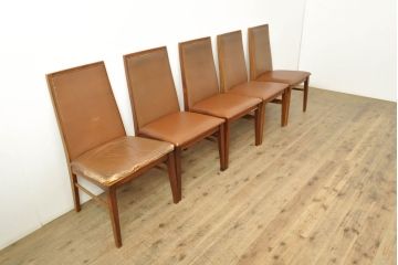 デンマークビンテージ　Dyrlund(デューロン)　ローズウッド　本革(レザー)　レザーの質感を楽しめるスタイリッシュなダイニングチェア5脚セット(サイドチェア、椅子、イス、ヴィンテージ、北欧家具、バラ売り可能)(R-060105)