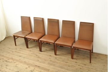 デンマークビンテージ　Dyrlund(デューロン)　ローズウッド　本革(レザー)　レザーの質感を楽しめるスタイリッシュなダイニングチェア5脚セット(サイドチェア、椅子、イス、ヴィンテージ、北欧家具、バラ売り可能)(R-060105)
