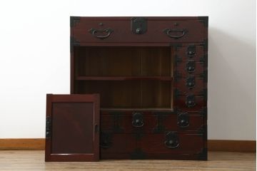和製アンティーク　最高級　超美品　漆塗直し済み　三方欅(ケヤキ)　漆の艶が魅力的な二本松帳場箪笥(二本松箪笥、収納箪笥、小引き出し、戸棚)(R-060152)