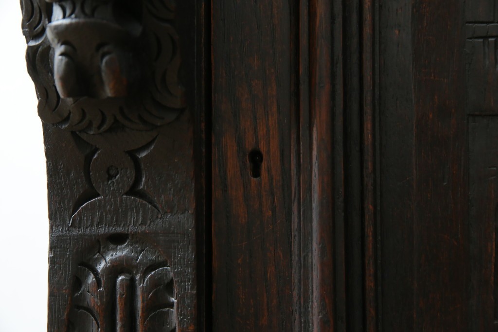 ベルギーアンティーク　希少サイズ　オーク材　凝ったデザインが目を惹く彫刻入りの縦型キャビネット　(R-060237)