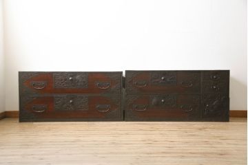 和製アンティーク　明治大正期　前面桐材　細かな透かし金具が目を引く佐渡箪笥(八幡箪笥、衣装箪笥、収納箪笥、引き出し、チェスト)(R-060297)