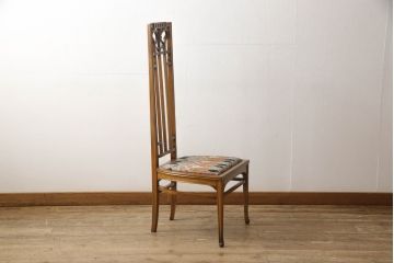 中古　美品　イタリア　ブランド家具　メデア(Medea)　背板の彫刻と華やかなファブリックが印象的なハイバックチェア(椅子、イス、ダイニングチェア)(R-060314)