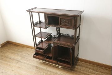中古　花梨(カリン)材　民芸家具　深みのある色合いが美しい飾り棚(戸棚、茶棚、違い棚)(R-060335)