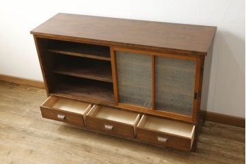 ラフジュ工房オリジナル　古建具リメイク　オリジナル紋様ガラスがレトロな雰囲気を高めるサイドボード(収納棚、戸棚、サイドキャビネット)(R-060346)