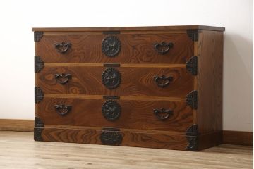 中古　美品　和製民芸家具　天板リメイク　岩谷堂箪笥　テレビ台としてもおすすめな和風ローチェスト(衣装箪笥、テレビボード、引き出し、ローボード)(R-060369)