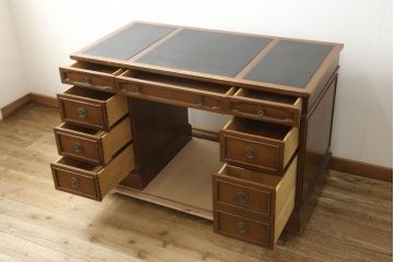 中古　DREXEL HERITAGE(ドレクセルヘリテイジ)　Triune(トライユン)　レザートップが格好いいマホガニー材製のデスク(定価約75万円)(両袖机、在宅ワーク、在宅用ワークデスク)(R-060387)