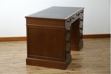 中古　DREXEL HERITAGE(ドレクセルヘリテイジ)　Triune(トライユン)　レザートップが格好いいマホガニー材製のデスク(定価約75万円)(両袖机、在宅ワーク、在宅用ワークデスク)(R-060387)