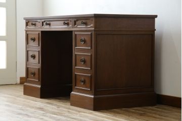 中古　DREXEL HERITAGE(ドレクセルヘリテイジ)　Triune(トライユン)　レザートップが格好いいマホガニー材製のデスク(定価約75万円)(両袖机、在宅ワーク、在宅用ワークデスク)(R-060387)