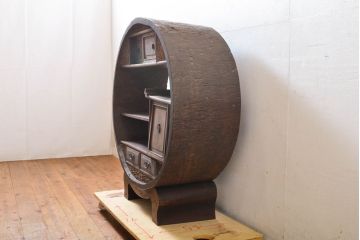 和製アンティーク　昭和初期　桐材　くり抜き　ダイナミックで存在感を放つ丸型茶棚(茶箪笥、飾り棚、違い棚)(R-060425)