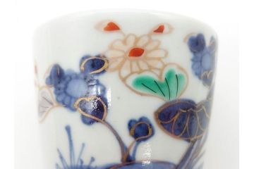 江戸期　古伊万里　色絵草花文蕎麦猪口(和食器、有田焼)(R-060471)