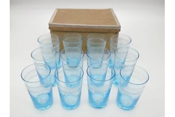 大正〜昭和初期　ブルーグラヴェール模様　コップ12点セット(アールヌーボー、レトロ)(R-060491)