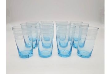 大正〜昭和初期　ブルーグラヴェール模様　コップ12点セット(アールヌーボー、レトロ)(R-060491)