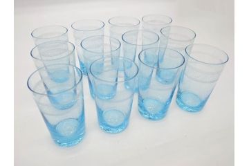 大正〜昭和初期　ブルーグラヴェール模様　コップ12点セット(アールヌーボー、レトロ)(R-060491)