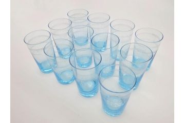 大正〜昭和初期　ブルーグラヴェール模様　コップ12点セット(アールヌーボー、レトロ)(R-060491)