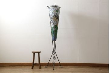 ビンテージ照明　トンボと蓮の花が清々しい夏を連想させる!　ステンドグラスフロアスタンド(ヴィンテージ、スタンド照明、スタンドライト、フロア照明)(R-060519)