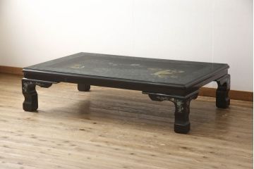 中古　ガラス天板付き　豪華絢爛な螺鈿細工が美しい座卓(ラデン、ローテーブル)(R-060536)