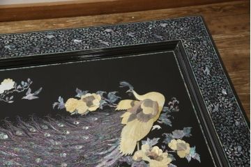 中古　ガラス天板付き　豪華絢爛な螺鈿細工が美しい座卓(ラデン、ローテーブル)(R-060536)