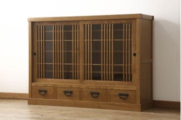 中古　美品　国産　手造り　タモ材　和モダンなお部屋に取り入れやすい水屋箪笥サイドボード(サイドキャビネット、食器棚、カップボード、戸棚、収納棚)(R-060545)