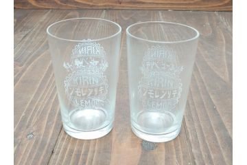 戦前　キリンビール　キリンレモン　ノスタルジックな雰囲気漂うコップ2個セット(昭和レトロ、グラス)(R-060617)