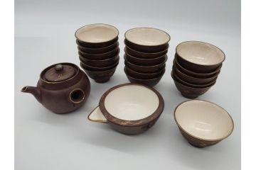 古い萬古焼　金彩が目を引く煎茶セット(急須、湯冷まし、湯呑、茶碗、茶道具)(R-060658)