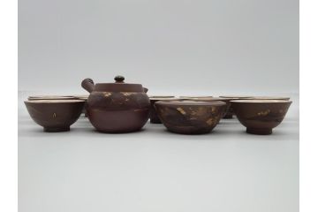 古い萬古焼　金彩が目を引く煎茶セット(急須、湯冷まし、湯呑、茶碗、茶道具)(R-060658)