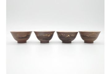 古い萬古焼　金彩が目を引く煎茶セット(急須、湯冷まし、湯呑、茶碗、茶道具)(R-060658)