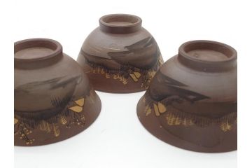 古い萬古焼　金彩が目を引く煎茶セット(急須、湯冷まし、湯呑、茶碗、茶道具)(R-060658)