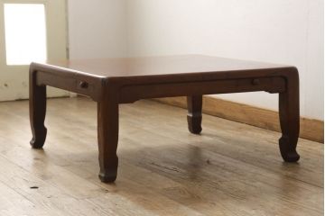 中古　美品　松本伝統　指物工芸家具　漆塗り　総欅(ケヤキ)材の杢目が美しい引き出し付き座卓(ローテーブル)(R-060659)