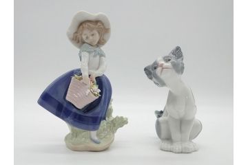 リヤドロ　LLADRO　首をかしげた愛らしい少女　しなやかなフォルムが美しい猫　花籠　リンダ　合計2点セット(フィギュリン、オブジェ、箱なし)(R-060672)