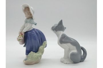 リヤドロ　LLADRO　首をかしげた愛らしい少女　しなやかなフォルムが美しい猫　花籠　リンダ　合計2点セット(フィギュリン、オブジェ、箱なし)(R-060672)