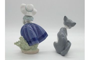 リヤドロ　LLADRO　首をかしげた愛らしい少女　しなやかなフォルムが美しい猫　花籠　リンダ　合計2点セット(フィギュリン、オブジェ、箱なし)(R-060672)