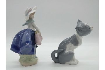 リヤドロ　LLADRO　首をかしげた愛らしい少女　しなやかなフォルムが美しい猫　花籠　リンダ　合計2点セット(フィギュリン、オブジェ、箱なし)(R-060672)