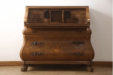中古　イタリア　高級家具　印象的なフォルムが目を惹く象嵌入りのライティングビューロー(簿記机、引き出し、チェスト、在宅用、在宅ワーク用、ワークデスク)(定価推定約90万円)(R-060684)