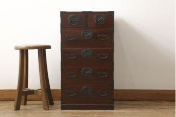 中古　美品　民芸家具　渡辺家具店　木地呂塗りの美しい仙台箪笥(和タンス、桐箪笥、桐たんす、引き出し、チェスト)(R-060707)